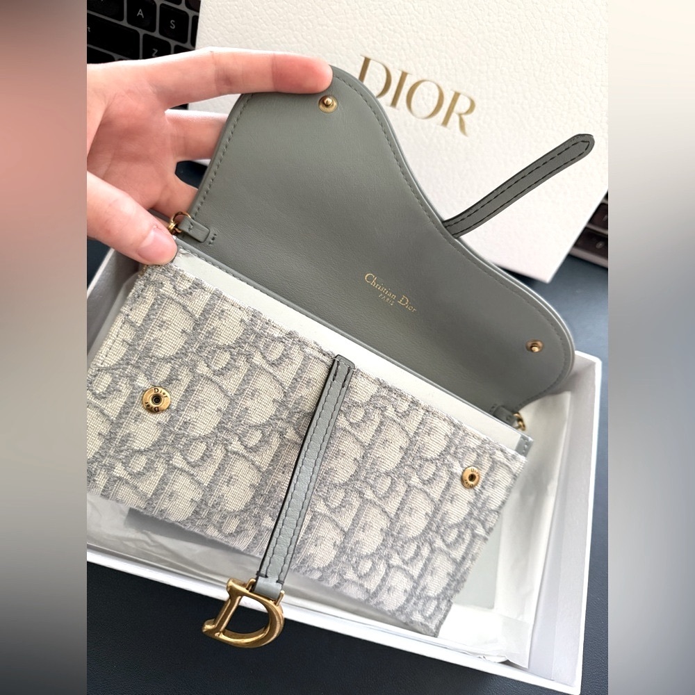 Dior Small Saddle Pouch with Chain- Gray Dior Oblique Jacquard